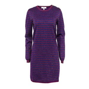 CARVEN Blue Plum Striped Metallic Knitted Wool Sweater Dress Long Sleeve Mini XS